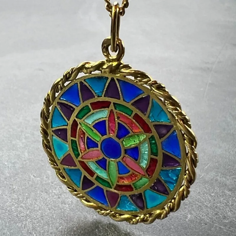 Pamono French 18 Karat Yellow Gold and Enamel Window Plique a Jour Pendant Medal, 1950s> Necklaces