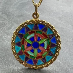 Pamono French 18 Karat Yellow Gold and Enamel Window Plique a Jour Pendant Medal, 1950s><noscript><img width=