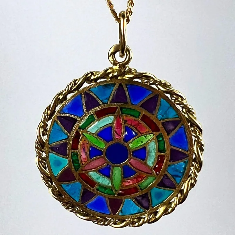 Pamono French 18 Karat Yellow Gold and Enamel Window Plique a Jour Pendant Medal, 1950s> Necklaces