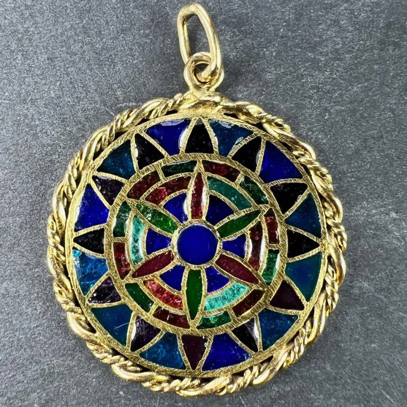 Pamono French 18 Karat Yellow Gold and Enamel Window Plique a Jour Pendant Medal, 1950s> Necklaces