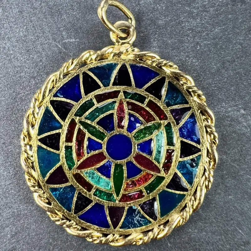 Pamono French 18 Karat Yellow Gold and Enamel Window Plique a Jour Pendant Medal, 1950s> Necklaces