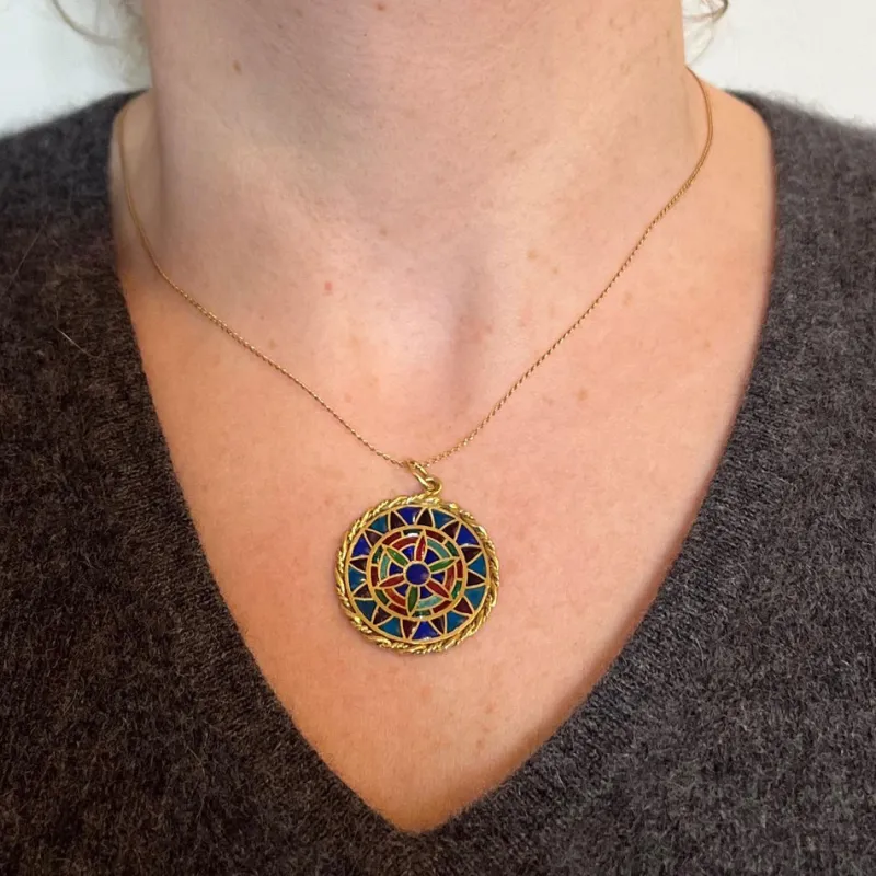 Pamono French 18 Karat Yellow Gold and Enamel Window Plique a Jour Pendant Medal, 1950s> Necklaces