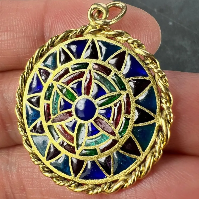 Pamono French 18 Karat Yellow Gold and Enamel Window Plique a Jour Pendant Medal, 1950s> Necklaces