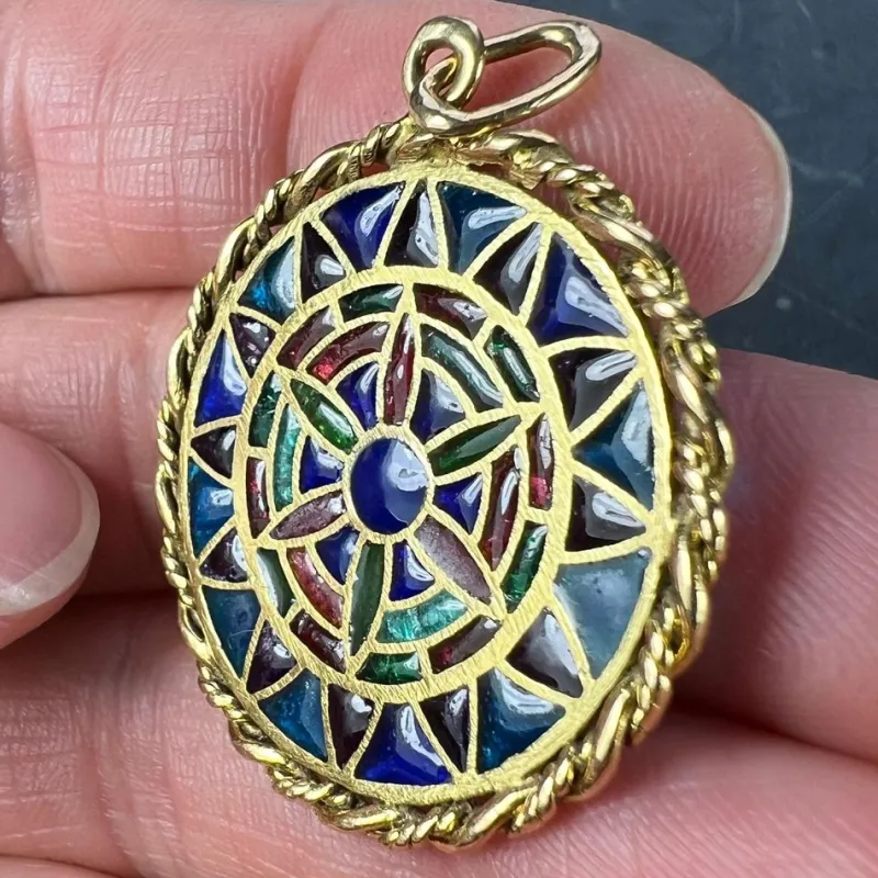 Pamono French 18 Karat Yellow Gold and Enamel Window Plique a Jour Pendant Medal, 1950s> Necklaces