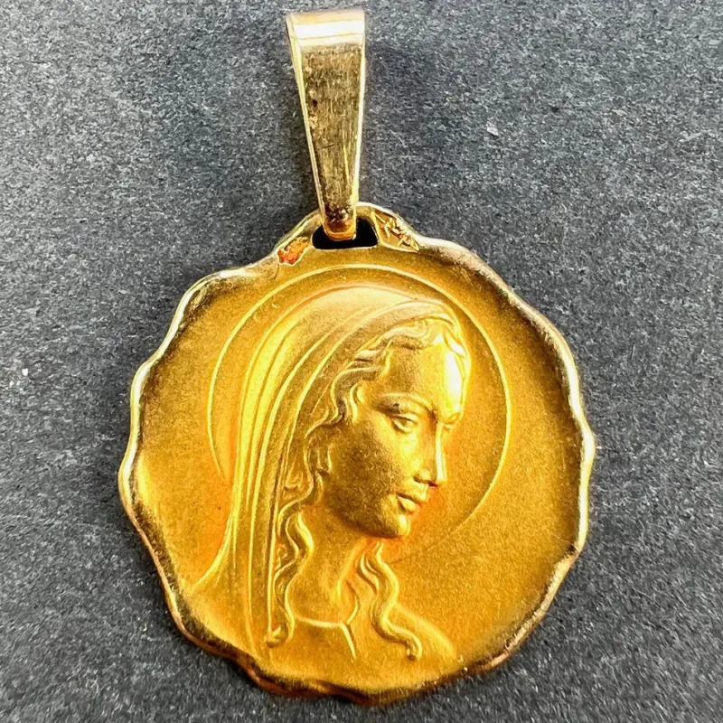 Pamono French 18 Karat Yellow Gold Virgin Mary Religious Medal Pendant, 1960s> Necklaces