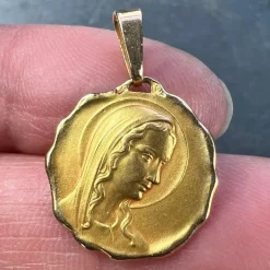 Pamono French 18 Karat Yellow Gold Virgin Mary Religious Medal Pendant, 1960s><noscript><img width=