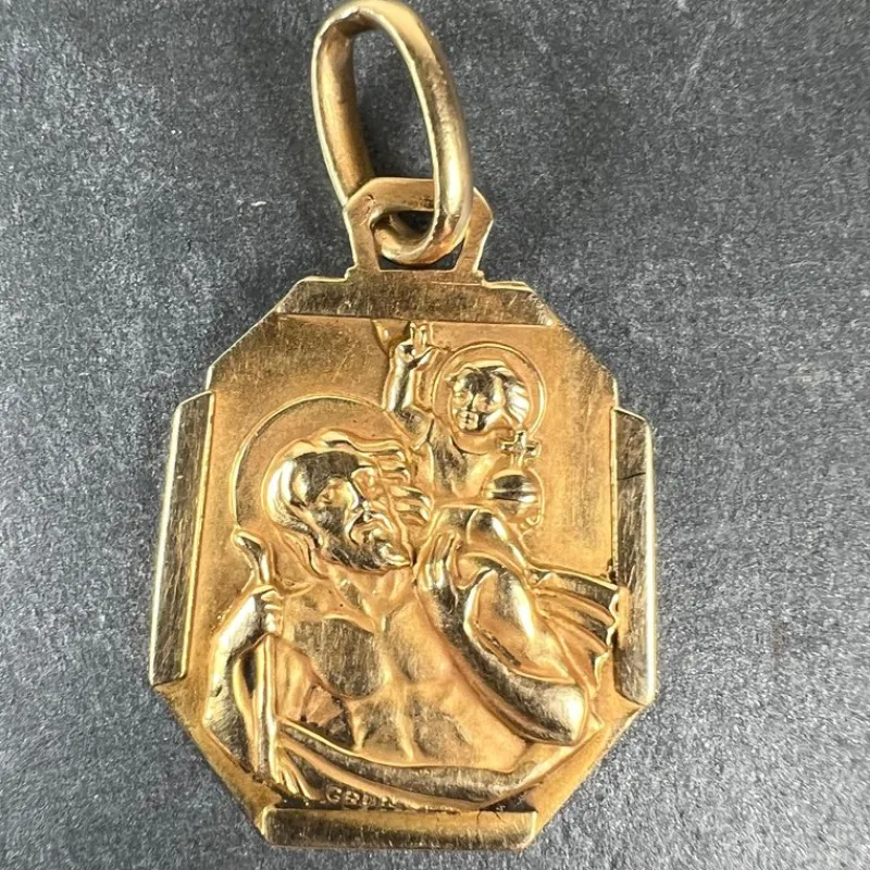 Pamono French 18 Karat Yellow Gold Saint Christopher Charm Pendant Medal by Grun, 1930s> Necklaces