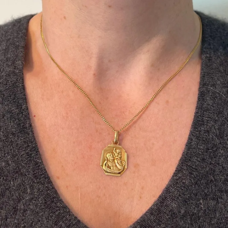Pamono French 18 Karat Yellow Gold Saint Christopher Charm Pendant Medal by Grun, 1930s> Necklaces