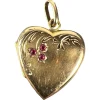 Best Pamono French 18 Karat Yellow Gold and Red Ruby Heart Locket Flower Charm Pendant, 1920s