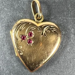 Best Pamono French 18 Karat Yellow Gold and Red Ruby Heart Locket Flower Charm Pendant, 1920s