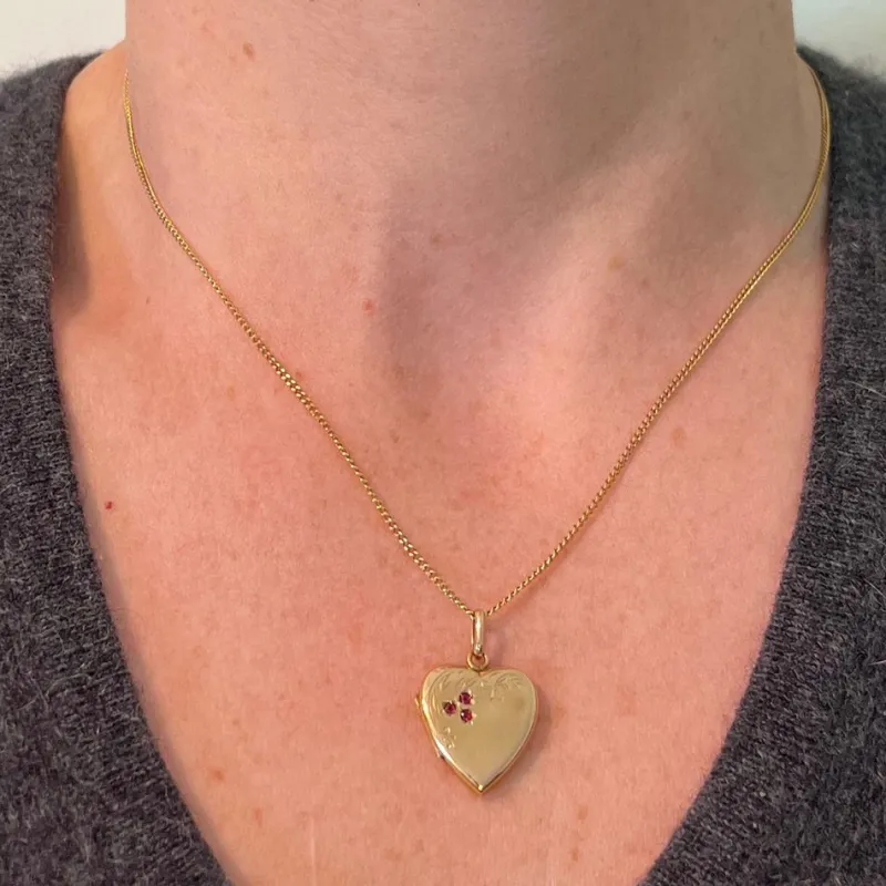 Best Pamono French 18 Karat Yellow Gold and Red Ruby Heart Locket Flower Charm Pendant, 1920s