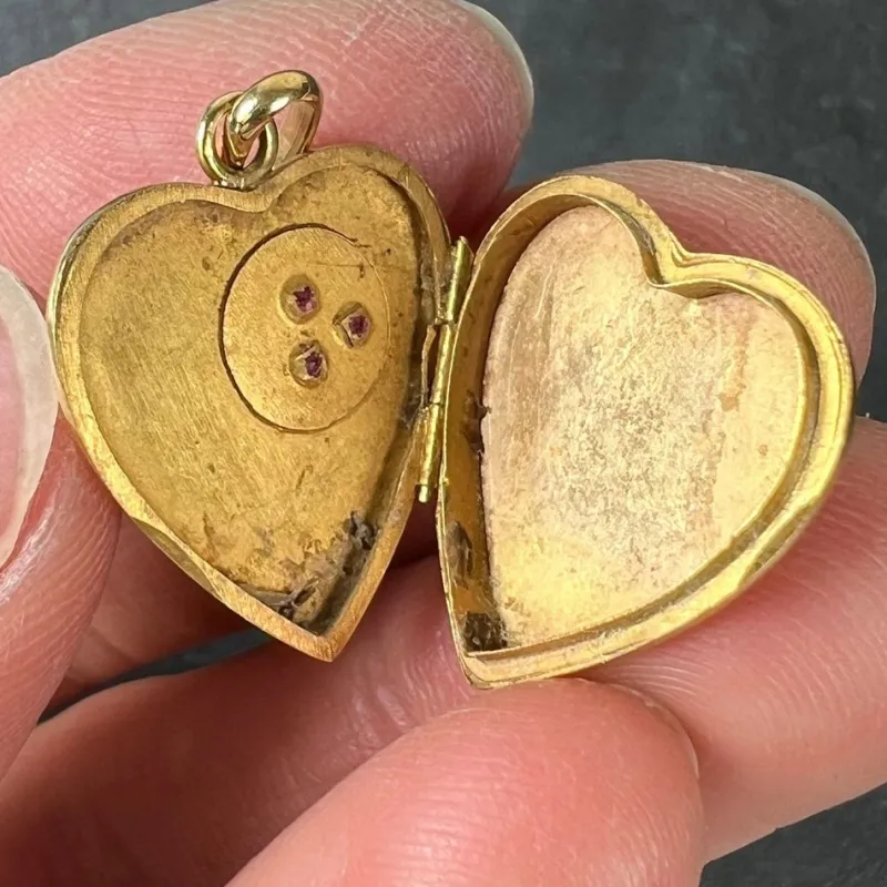 Best Pamono French 18 Karat Yellow Gold and Red Ruby Heart Locket Flower Charm Pendant, 1920s