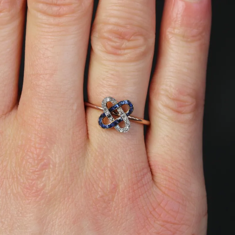 Pamono French Art Deco 18 Karat Rose Gold Staple Ring with Sapphires & Diamonds, 1920s> Rings