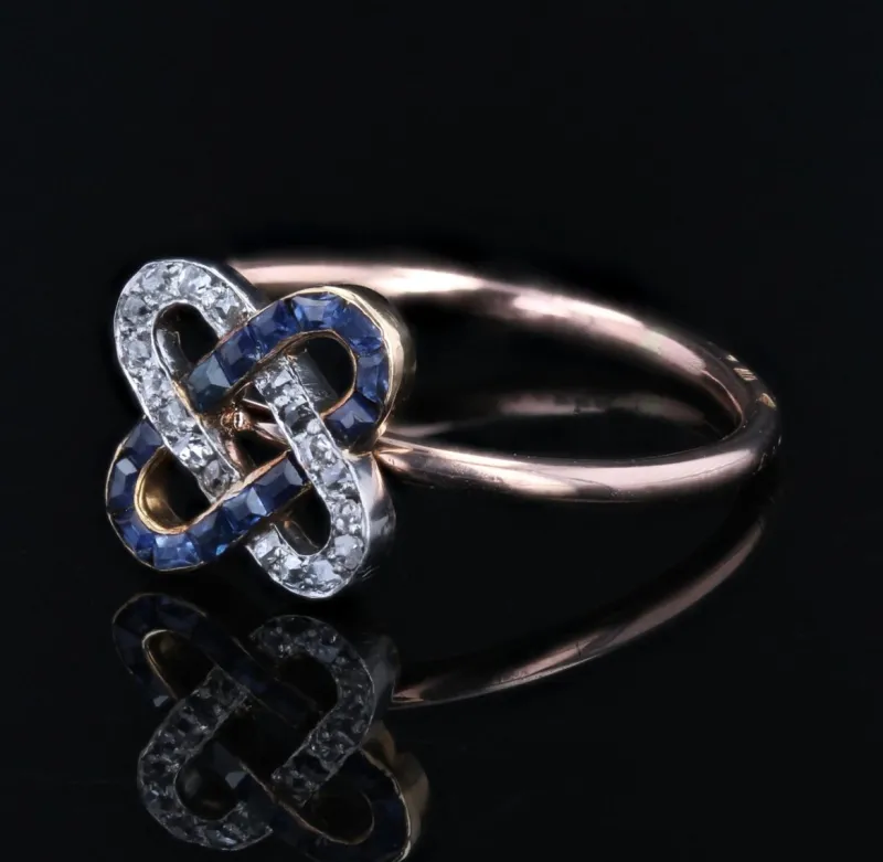 Pamono French Art Deco 18 Karat Rose Gold Staple Ring with Sapphires & Diamonds, 1920s> Rings