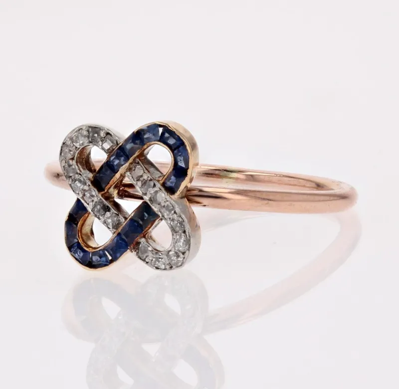 Pamono French Art Deco 18 Karat Rose Gold Staple Ring with Sapphires & Diamonds, 1920s> Rings