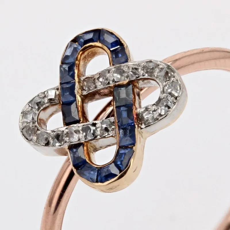 Pamono French Art Deco 18 Karat Rose Gold Staple Ring with Sapphires & Diamonds, 1920s> Rings