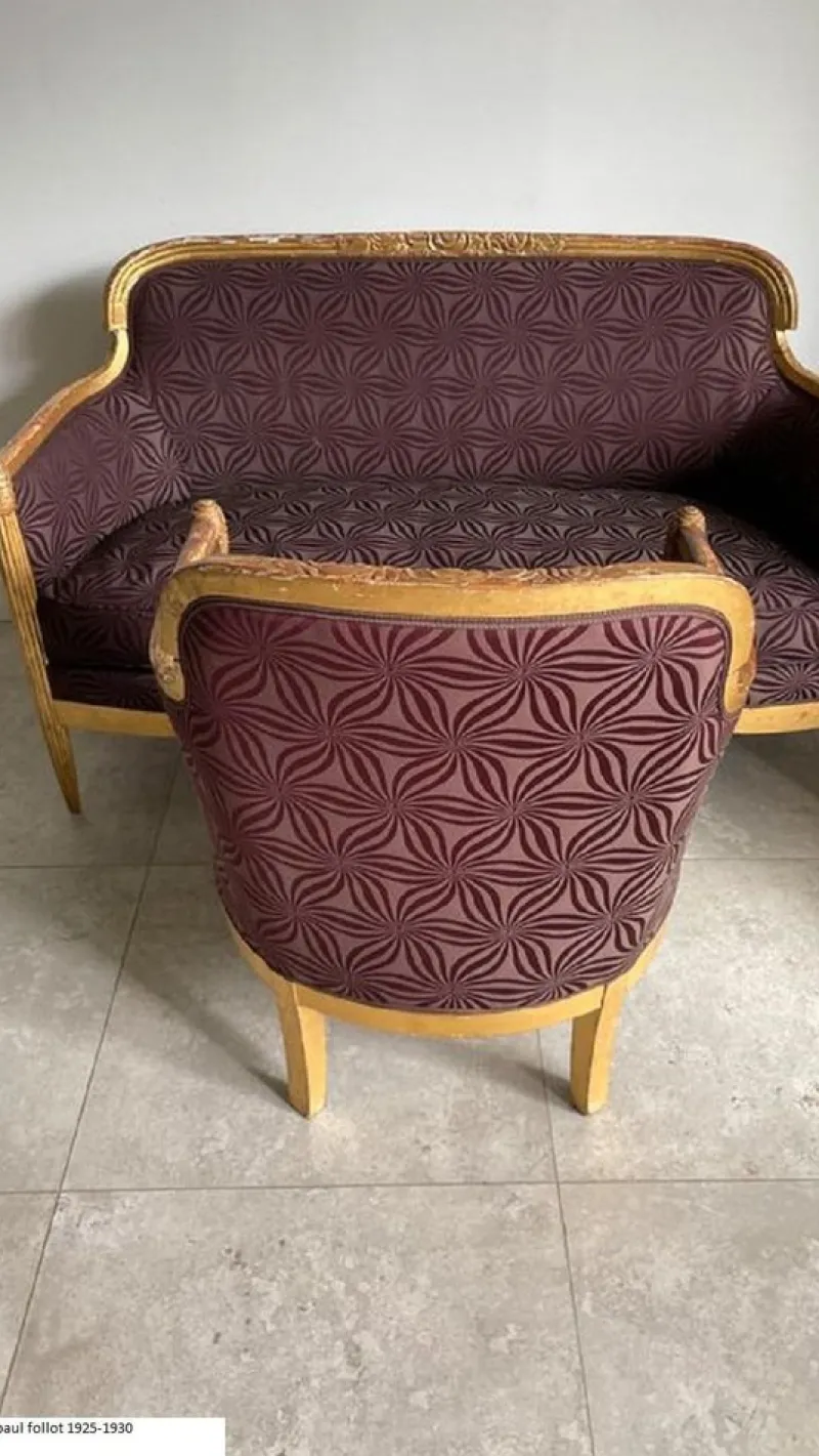 Pamono French Art Deco Living Room Set in Carved Wood by Paul Follot, 1920s, Set of 3> Living Room Sets