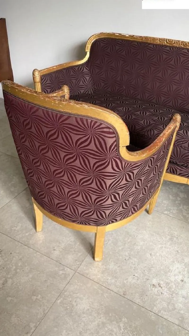 Pamono French Art Deco Living Room Set in Carved Wood by Paul Follot, 1920s, Set of 3> Living Room Sets
