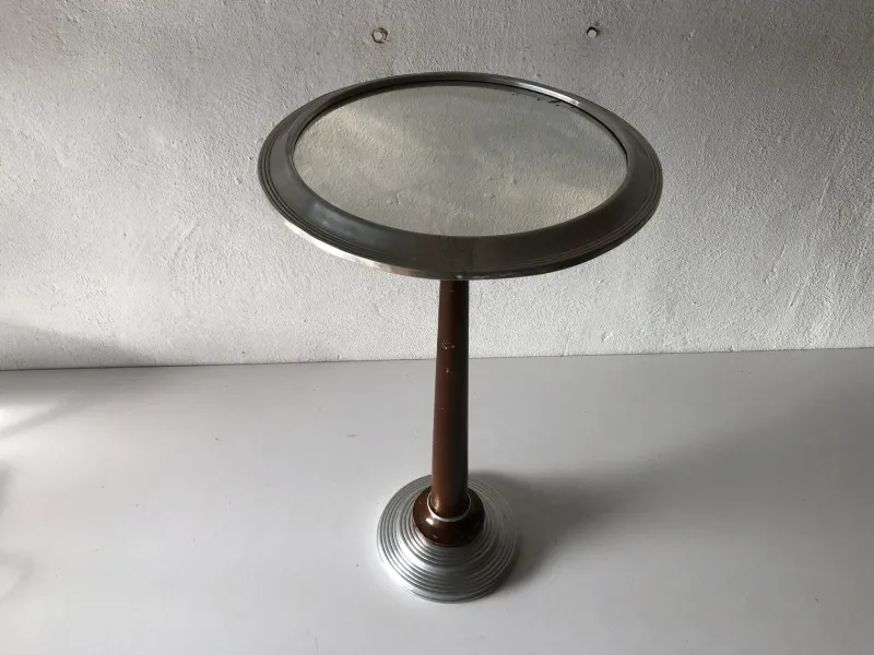 Outlet Pamono French Art Deco Round Aluminum and Wood Table with Mirror Top, 1940s