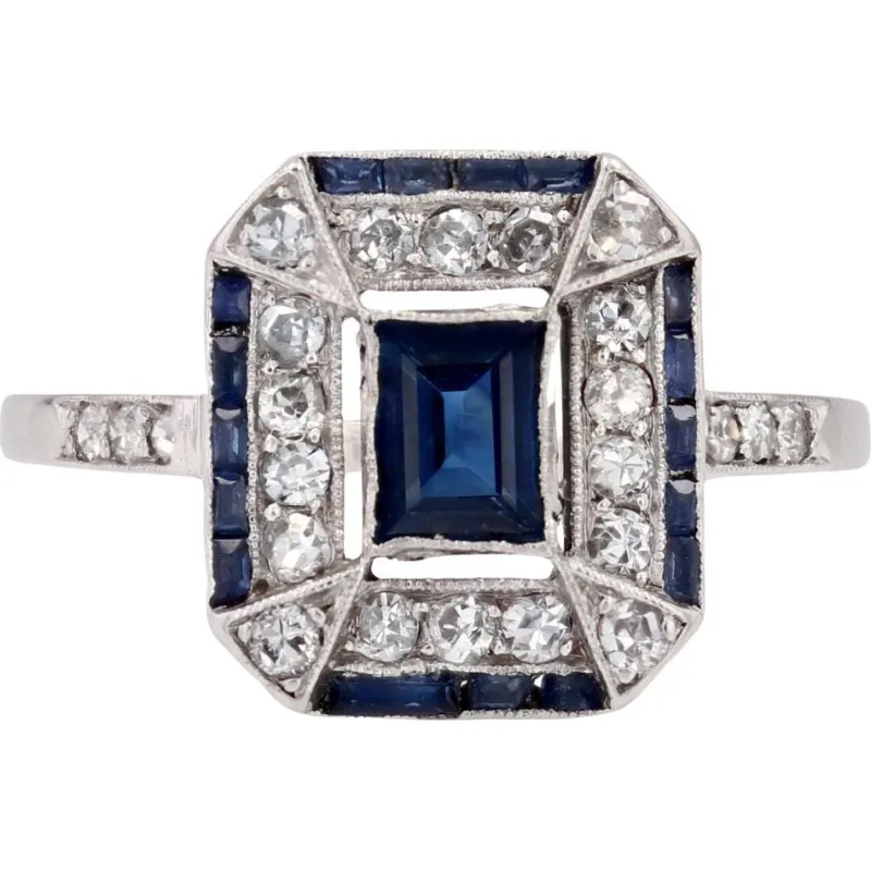Hot Pamono French Art Deco Sapphire Diamonds Platinum Rectangular Ring, 1920s