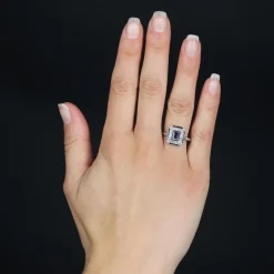 Hot Pamono French Art Deco Sapphire Diamonds Platinum Rectangular Ring, 1920s