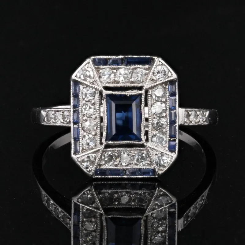 Hot Pamono French Art Deco Sapphire Diamonds Platinum Rectangular Ring, 1920s