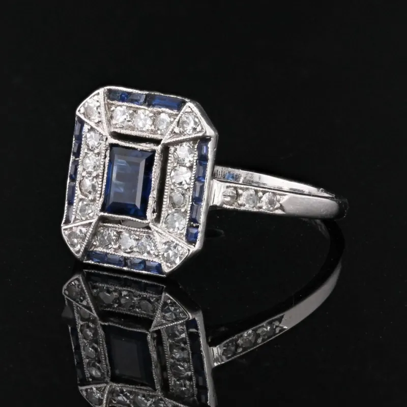 Hot Pamono French Art Deco Sapphire Diamonds Platinum Rectangular Ring, 1920s