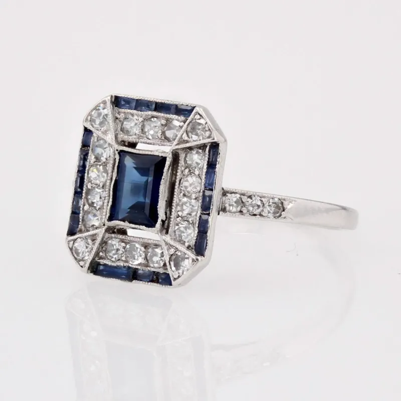 Hot Pamono French Art Deco Sapphire Diamonds Platinum Rectangular Ring, 1920s