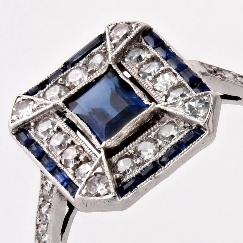 Hot Pamono French Art Deco Sapphire Diamonds Platinum Rectangular Ring, 1920s