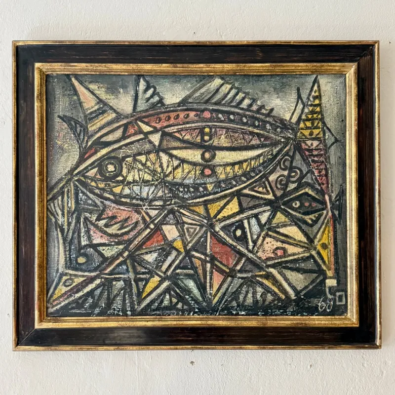 Pamono French Artist, Abstract Geometric Composition with Bold Lines, 1968, Chalk & Acrylic, Framed> Contemporary|Painting