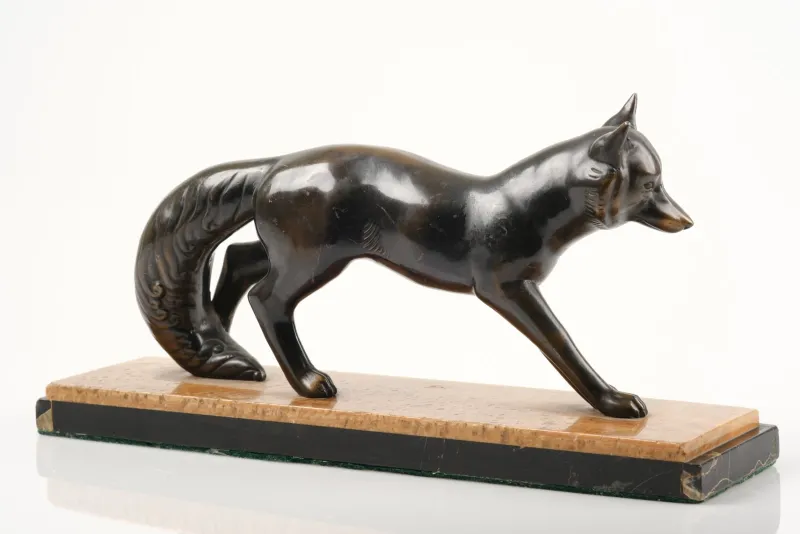 Outlet Pamono French Artist, Art Deco Fox Sculpture, Metal and Marble, 1920s