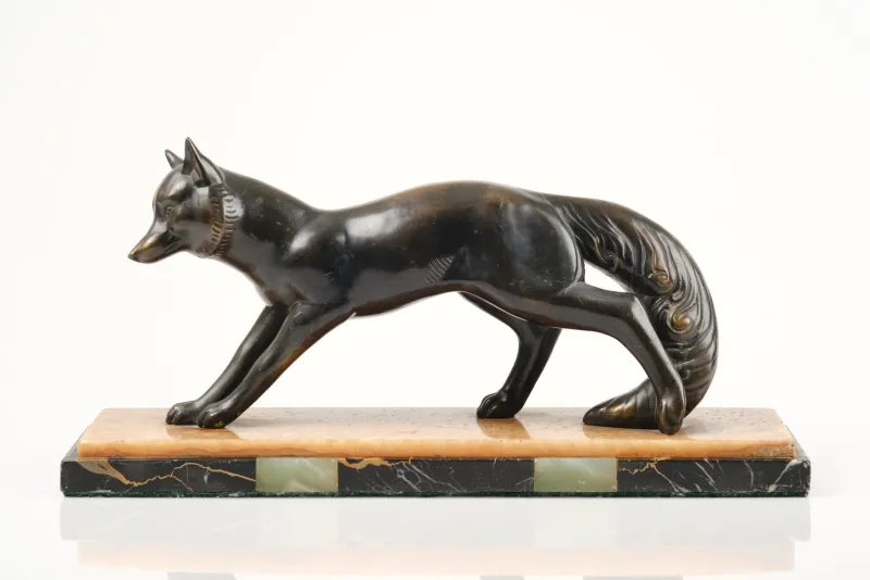 Outlet Pamono French Artist, Art Deco Fox Sculpture, Metal and Marble, 1920s
