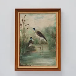 Pamono French Artist, Birds in Water, 1960s, Large Oil on Canvas, Framed> Mid-Century