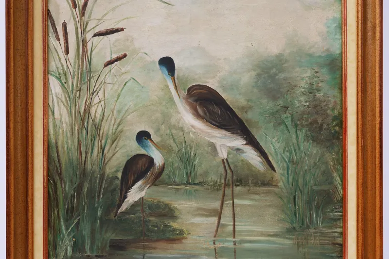 Pamono French Artist, Birds in Water, 1960s, Large Oil on Canvas, Framed> Mid-Century