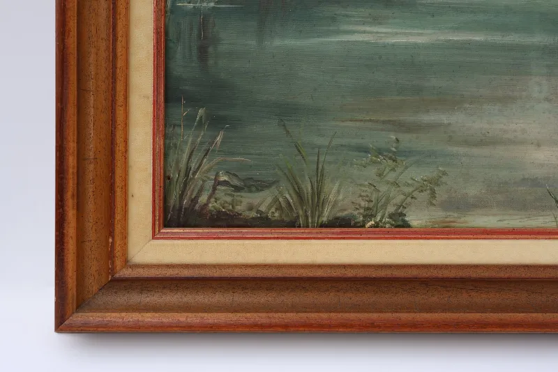 Pamono French Artist, Birds in Water, 1960s, Large Oil on Canvas, Framed> Mid-Century