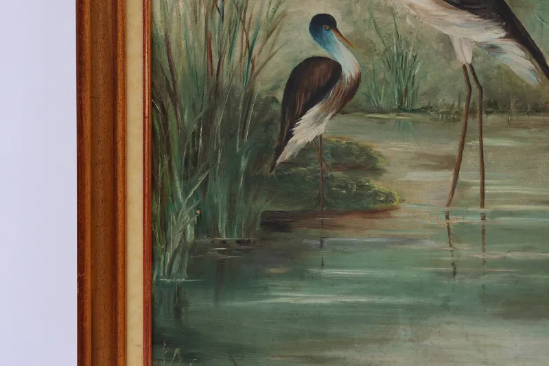Pamono French Artist, Birds in Water, 1960s, Large Oil on Canvas, Framed> Mid-Century