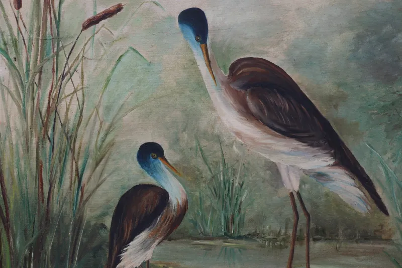 Pamono French Artist, Birds in Water, 1960s, Large Oil on Canvas, Framed> Mid-Century