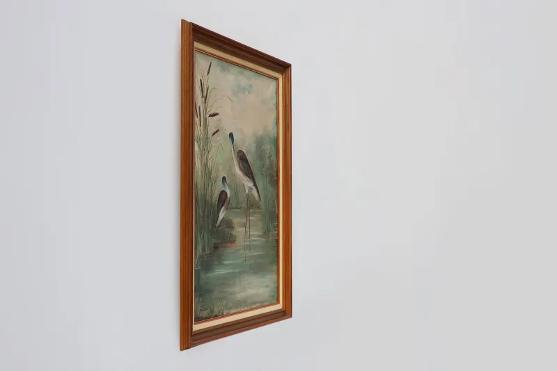 Pamono French Artist, Birds in Water, 1960s, Large Oil on Canvas, Framed> Mid-Century