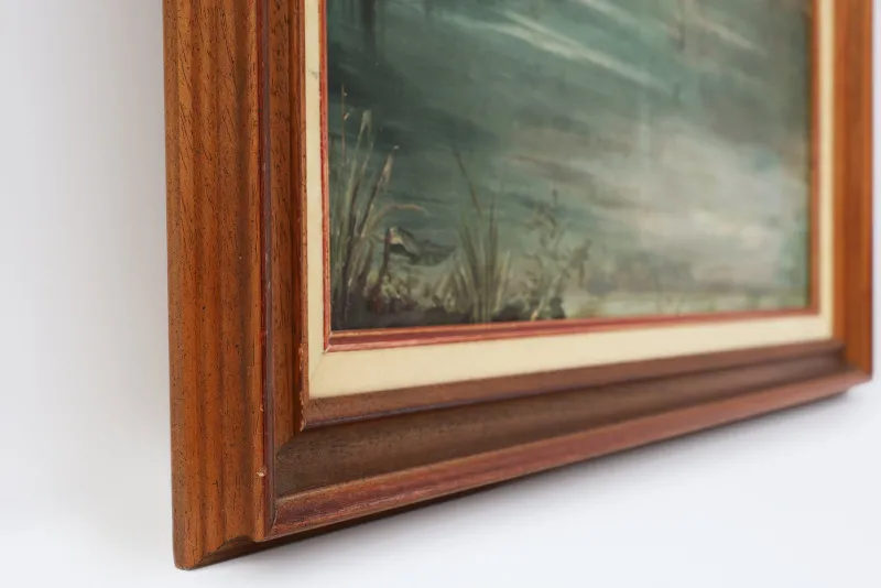 Pamono French Artist, Birds in Water, 1960s, Large Oil on Canvas, Framed> Mid-Century