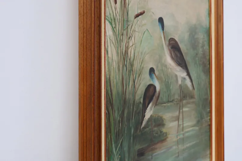 Pamono French Artist, Birds in Water, 1960s, Large Oil on Canvas, Framed> Mid-Century