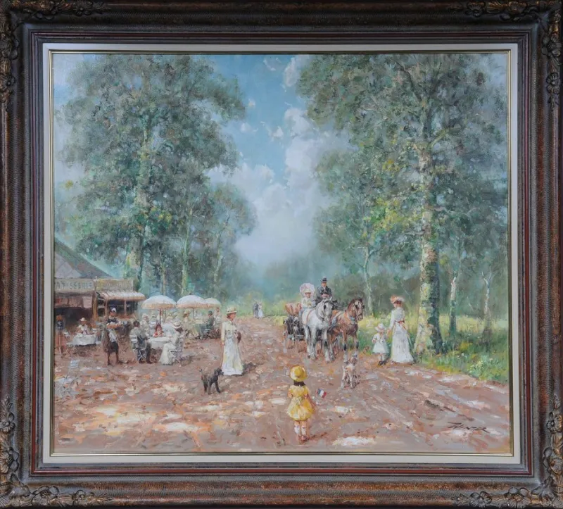 Best Pamono French Artist, Impressionist, Café Landscape, Early 20th Century, Oil on Canvas