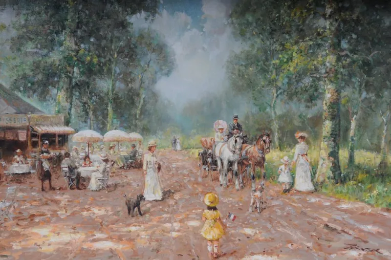 Best Pamono French Artist, Impressionist, Café Landscape, Early 20th Century, Oil on Canvas