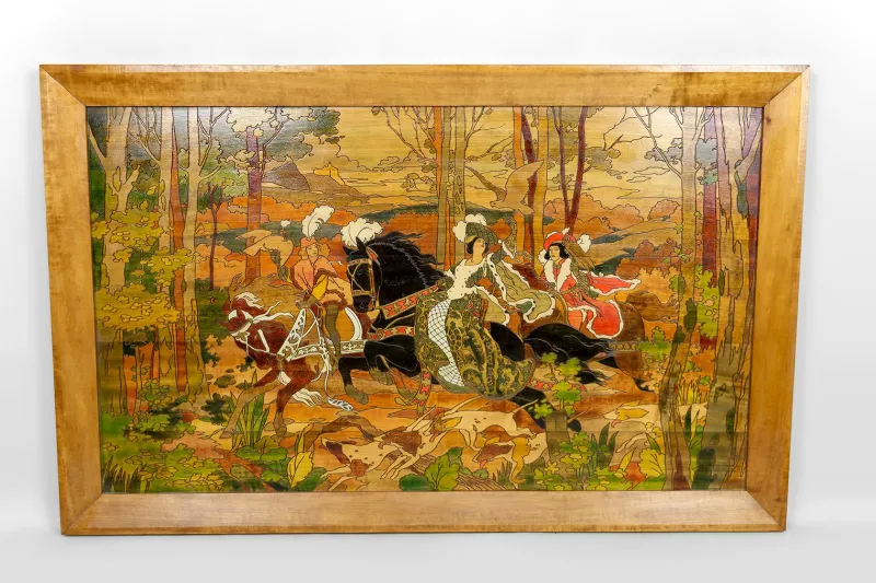 Pamono French Artist, Medieval Hunting Scene, 1900, Pyrograph> Art Nouveau