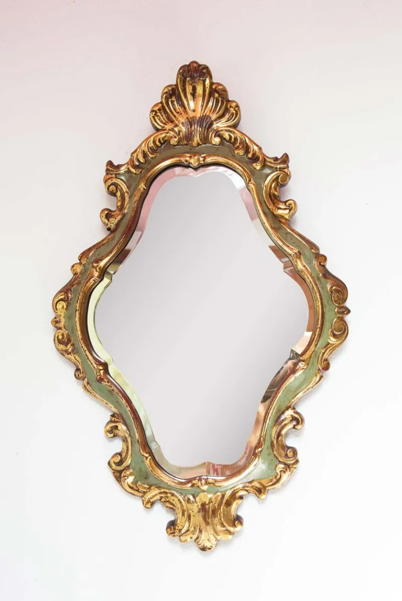 Pamono French Baroque Style Mirror in Gilt and Green Beveled Glass, 1960s> Mirrors