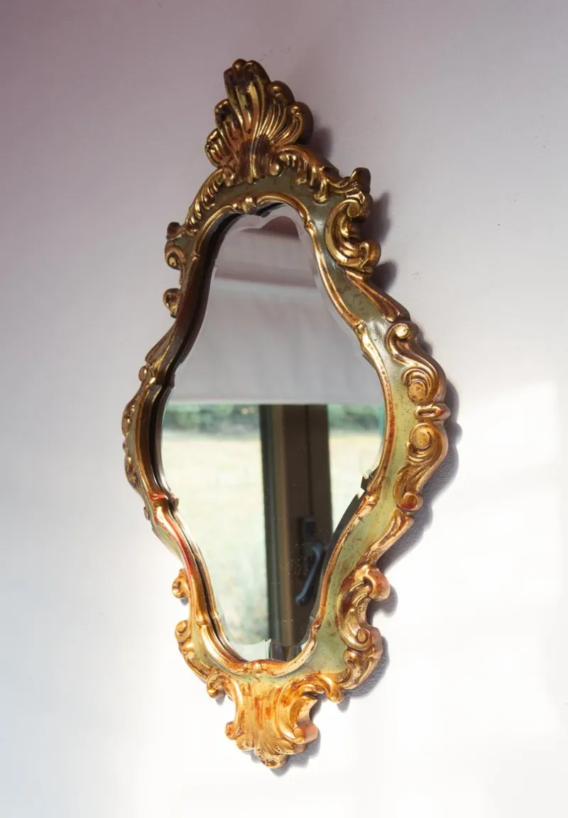 Pamono French Baroque Style Mirror in Gilt and Green Beveled Glass, 1960s> Mirrors