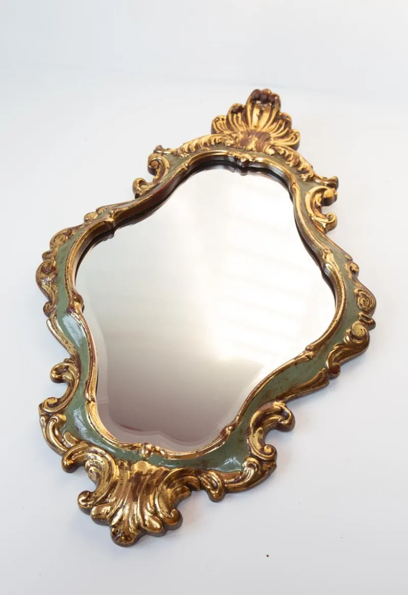 Pamono French Baroque Style Mirror in Gilt and Green Beveled Glass, 1960s> Mirrors