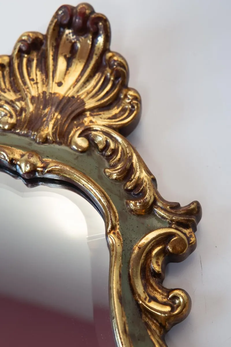Pamono French Baroque Style Mirror in Gilt and Green Beveled Glass, 1960s> Mirrors