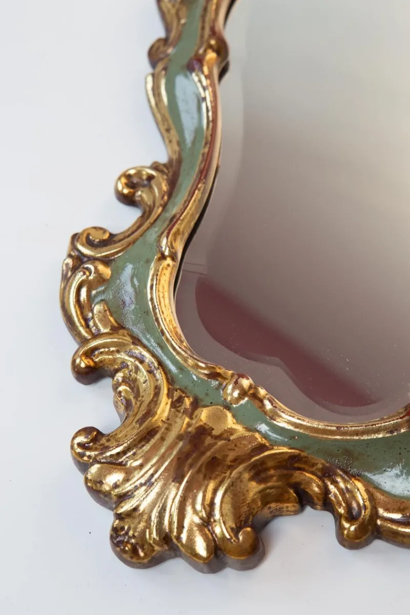 Pamono French Baroque Style Mirror in Gilt and Green Beveled Glass, 1960s> Mirrors