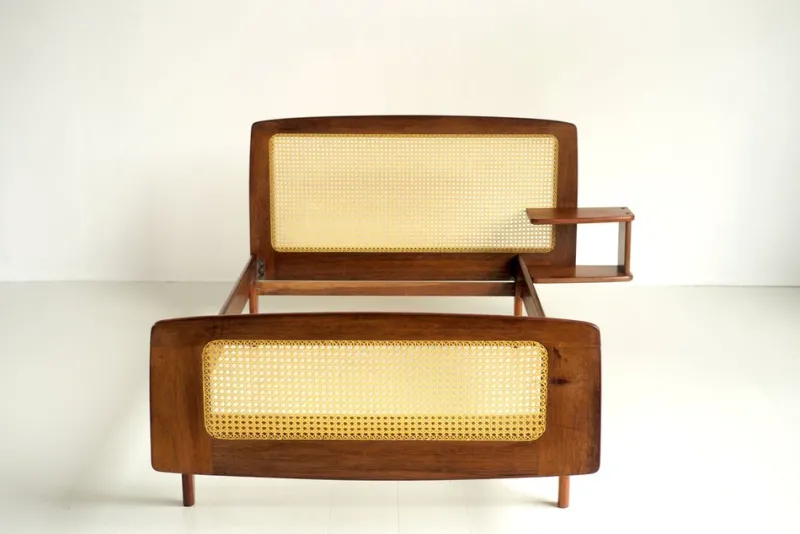 Best Pamono French Bed in Mahogany and Rattan by Roger Landault for Ligne Roset, 1960