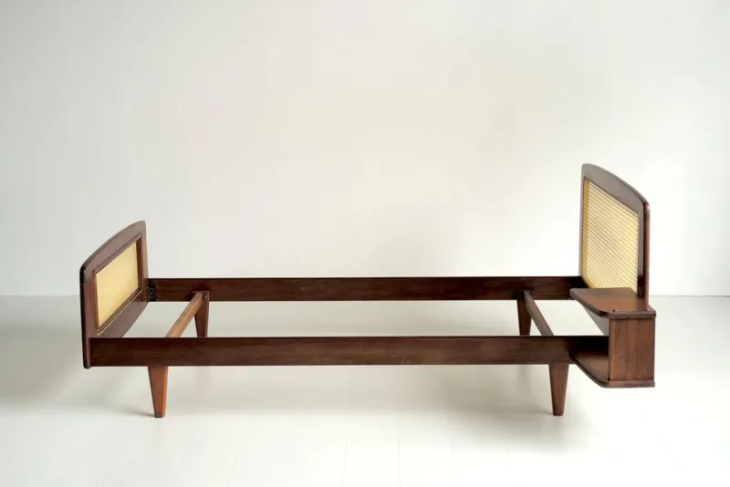 Best Pamono French Bed in Mahogany and Rattan by Roger Landault for Ligne Roset, 1960